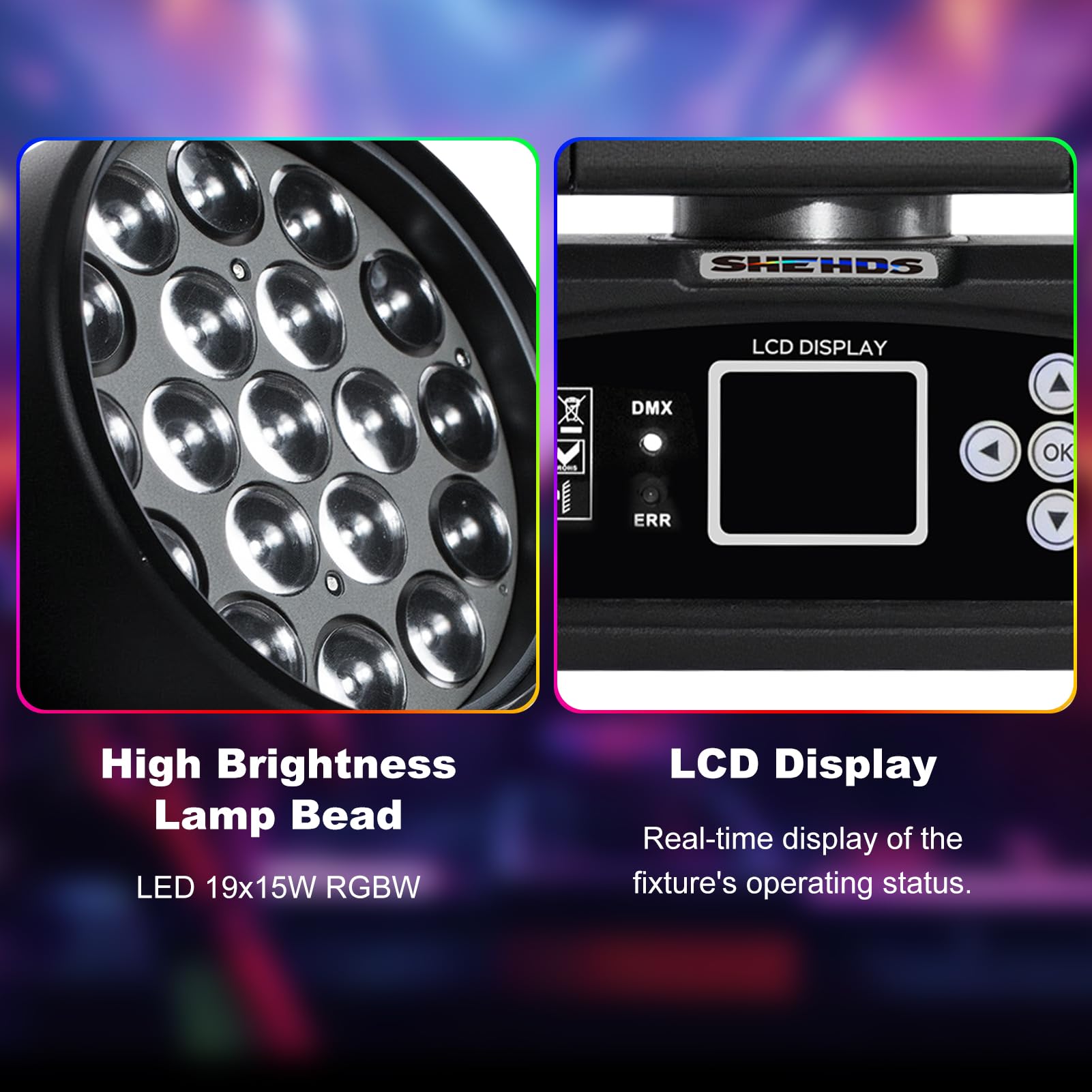 SHEHDS Moving Head Light LED 19x15W RGBW 4in1 Beam/Wash/Zoom Effect Stage Lights Professional DMX512 & Sound Activated Control D